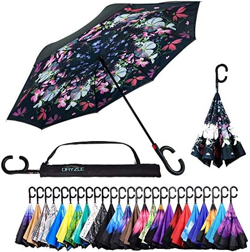 Reverse Inverted Inside Out Umbrella - Upside Down UV Protection Unique Windproof Brella That Open Better Than Most Umbrellas, Reversible Folding Double Layer (Flowers, 23 Inch X 8 Panels)
