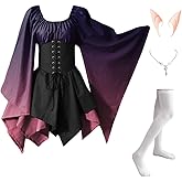 FMMOEK Women's Medieval Renaissance Costume Fairy Irish Victorian Gothic Dress Vintage Cosplay Lace Up Corset Dress
