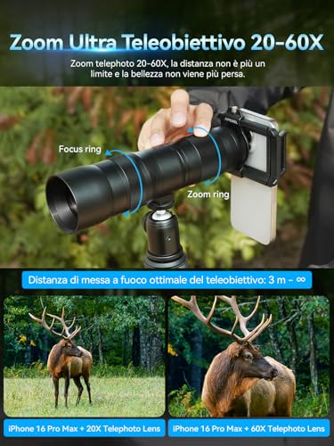 APEXEL Obiettivo zoom 20-60X professionale per smartphone – Cattura scene lontane con facilità