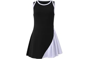 LIONJIE Girls Sleeveless Tennis Active Dresses with Shorts Kids Color Block Pleated Golf Pickleball Outfits with Pockets