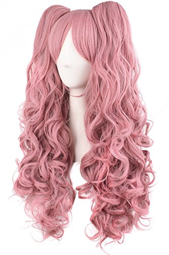 Tsnomore Long Curly Lolita Cosplay Wig junko cosplay wig + 2 clip on pigtail --Pink