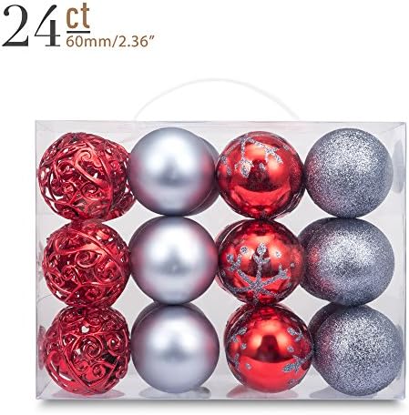 Yoland 2.36"-24ct Christmas Ball Shatterproof Ornaments Tree Hangings for Xmas any Holiday Parties Decorations with Gift-Box (Grey&amp;Red)