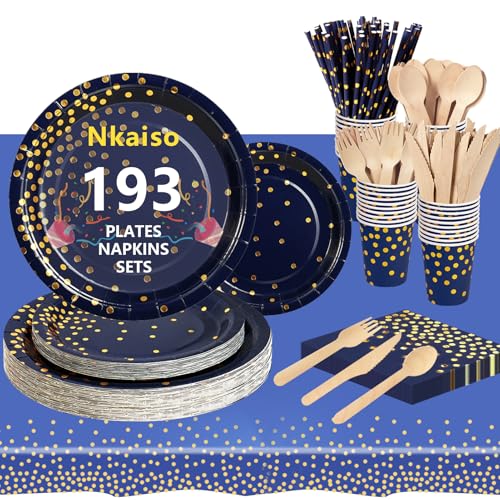 Nkaiso Party Tableware 193 Pieces Dark Blue Theme Kids Birthday Decoration Party Accessories Set Includes Disposable Paper Plates Napkins Cups for Wedding Engagement -24 Guests