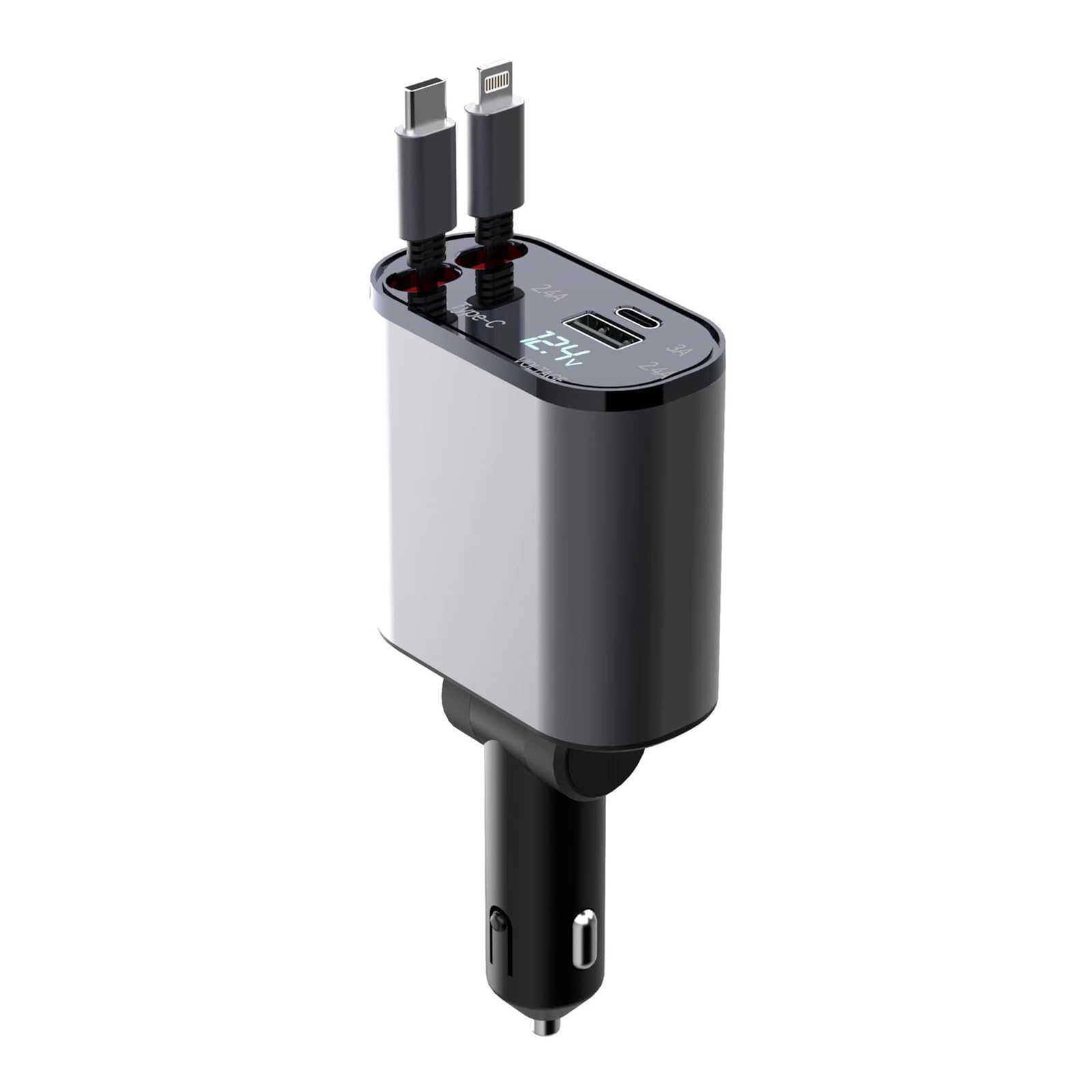 USB Retractable Car Charger Max 100W Output 4 in 1 Car Phone Charger Retractable Cables (31.5 inch) Car Charger Adapter with Voltage Display Compatible with Most Devices