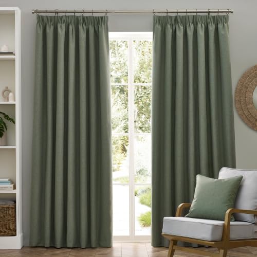 furn. Dawn Textured Blackout Pencil Pleat Curtains – Thermal Lined Pair (Eucalyptus - Width 117 x Drop 183cm)