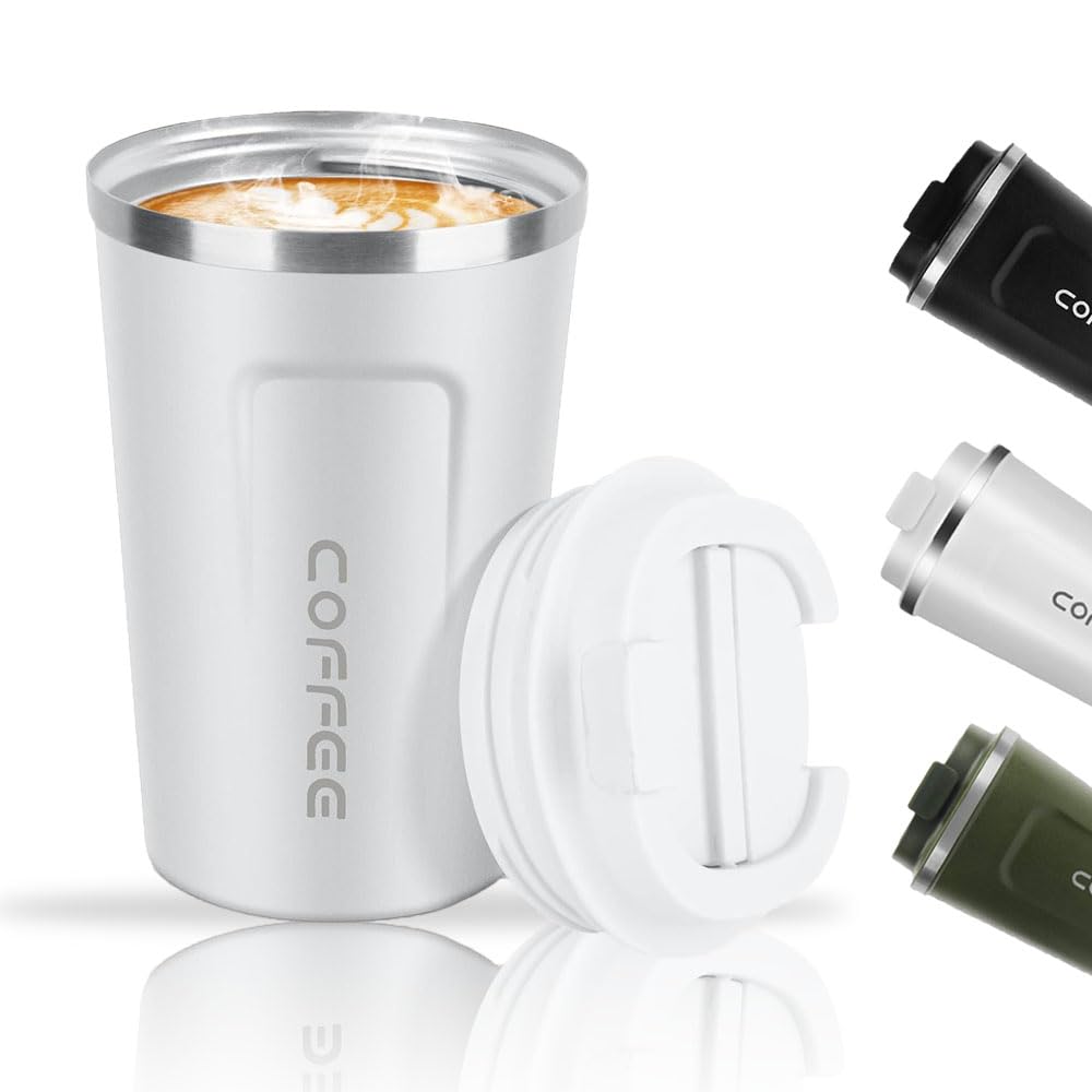 Basuit Stainless Steel Travel Mug, 380 ML, White, Leakproof, Double Walled, Insulated, Reusable, Cylindrical Mug, 3.8E+2 ML, 14.5 cm x 5.7 inches