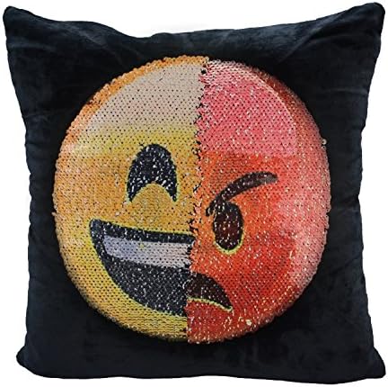 Sequin Pillow Case, Mermaid Emoji Pillow Case, COOLANS Reversible Changeable Face Sequin Pillow Cover, DIY Pillowcase for Sofa Home Decorative 16 X 16” (Happy/Angry)