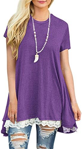 YIOIOIO Womens Short Sleeve Summer Flowy A-Line Tunic T-Shirt High Low Lace Tops