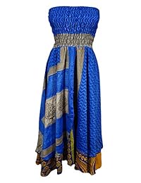 Mogul Womens 2 in 1 Strapless Dress Maxi Skirts Gypsy Recycled Vintage Sari Two Layer