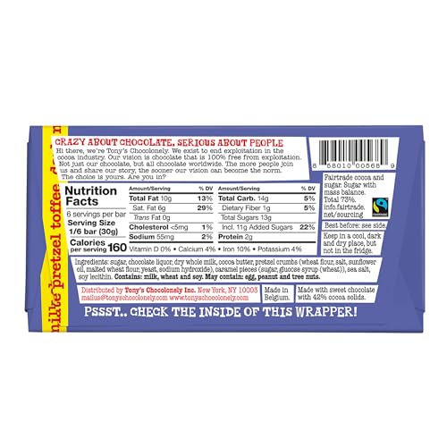 TONY’S CHOCOLONELY 42% DARK MILK CHOCOLATE BAR WITH PRETZEL AND TOFFEE BELGIUM CHOCOLATE, NO ARTIFICIAL FLAVORING, FAIRTRADE & B CORP CERTIFIED – 6.35 OZ