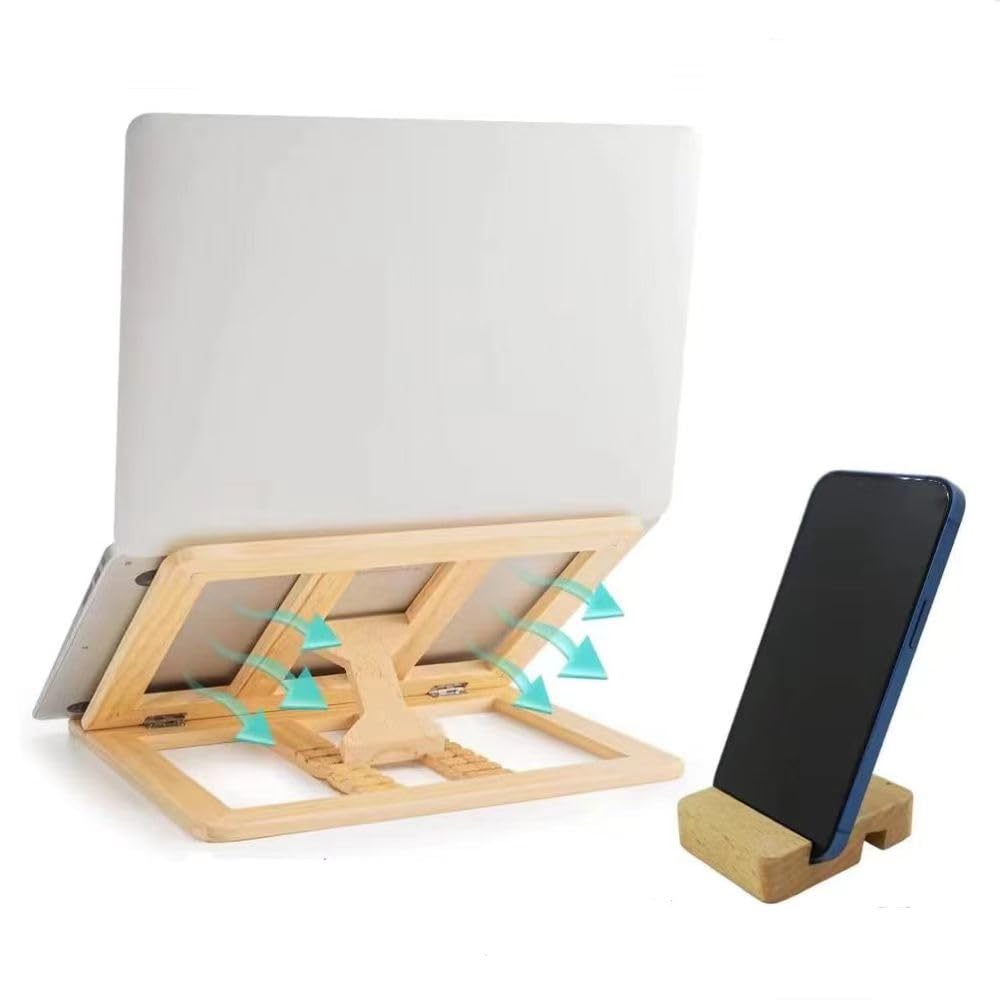 Photo 1 of Skoioje Wooden Laptop Stand for Desk with Free Phone Holder, Foldable and Adjustable Ergonomic Laptop Riser for 10-15.6 Inch Notebooks, Portable MacBook Stand (Natural Wood, Universal Fit)