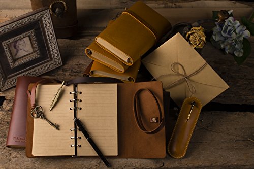 ANCICRAFT Vintage Soft Genuine Leather Journal Diary Notebook Refillable with Key 6-ring Binder Lined Craft Paper A6 (Red brown with key)