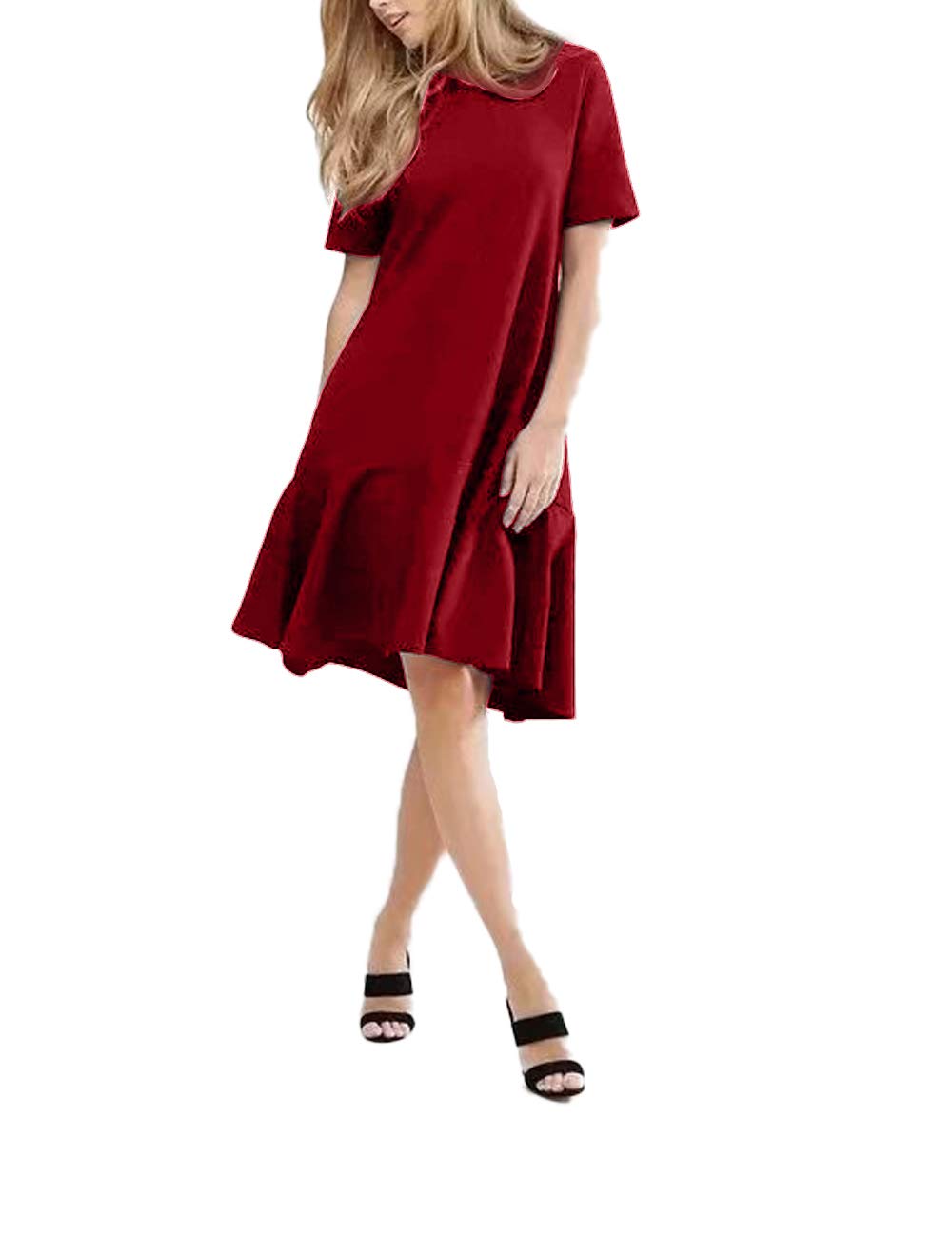 OBERORA Summer Dresses for Women Casual Short Sleeve Round Neck High Low Loose Pocket Cocktail Ruffle Mermaid Dress