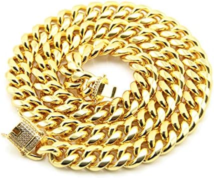 YOLANDE Men 15 mm Curb Cuban Chain Necklace/Bracelet,72cm, Black/18k Gold Plated/316L Stainless Steel (with Gift Box)