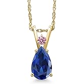 Gem Stone King 14K Yellow Gold Blue Created Sapphire and Pink Lab Grown Diamond Pendant Necklace for Women | 1.13 Cttw | Gemstone September Birthstone | Pear Shape 8X5MM | With 18 Inch Chain
