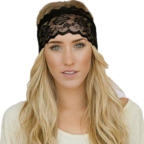 Fiaya Women Black and White Lace Wide Headbands Sports Sweatband Stretch Headwear for Sports,Workout,Running,Yoga