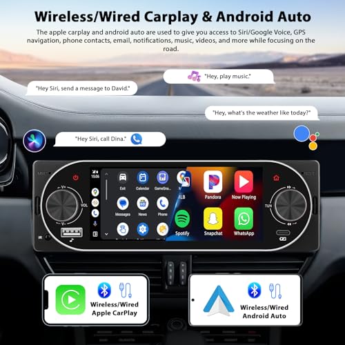 Inefala Radio Display 1 DIN with Carplay and Android Auto, 5.1'' Touch Screen with Bluetooth, Mirror Link, FM/RDS USB Type-C EQ, Rear View Camera