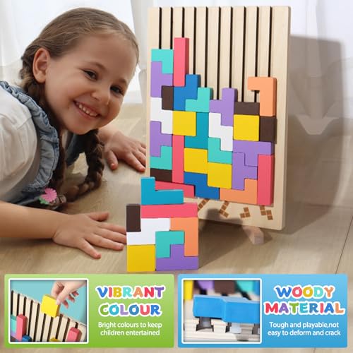 Wooden Puzzle Tetris Montessori Toy from 3 4 5 6 Years - Educational Toy to Promote Concentration & Motor Skills - 3D Logic Puzzle with Geometric Blocks - Gift Children