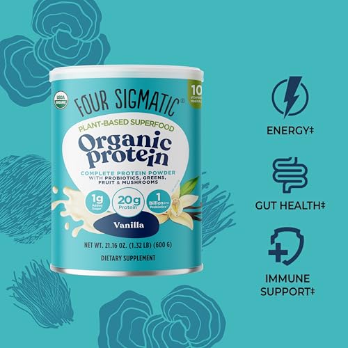 FOUR SIGMATIC ORGANIC VEGAN PROTEIN POWDER | 18G PLANT-BASED PROTEIN PER SERVING | GLUTEN FREE, DAIRY FREE, SOY FREE, NON-GMO WITH NO FILLER INGREDIENTS | 21.16OZ, 15 SERVINGS | VANILLA