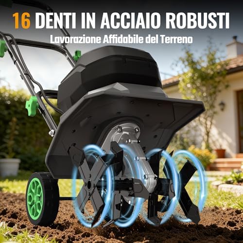 X Motozappa Elettrica Senza Fili 40V, Lavoro 30 cm x 20 cm, doppia Batteria 4000 mAh, Manubrio Pieghevole, Ruote Regolabili in 4 Posizioni - Compatta e Silenziosa per Giardino, Orto e Frutteto