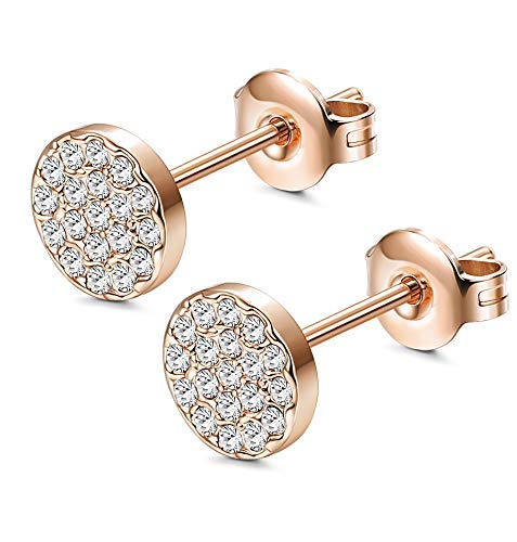Sllaiss Mini Disc Pave Stud Earrings for Women Girls Made with Swarovski Crystals Minimalist Earrings With Gift Box Rose-gold