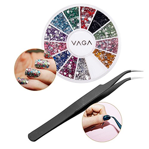 High Quality Professional Nail Art Accessories Set of Premium Wheel With Gemstones / Rhinestones / Crystals Decorations In 12 Colors And Black Stainless Steel Precision Tweezers By VAGA - Thumbnail 2