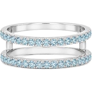925 Sterling Silver Round Cut Created Aquamarine Ring Enhancer, Classic Straight Double Row Ring Guard, Minimalist Stackable