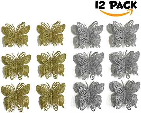 12 Pack Beautiful Butterfly Clip On - Glitter Silver / Gold