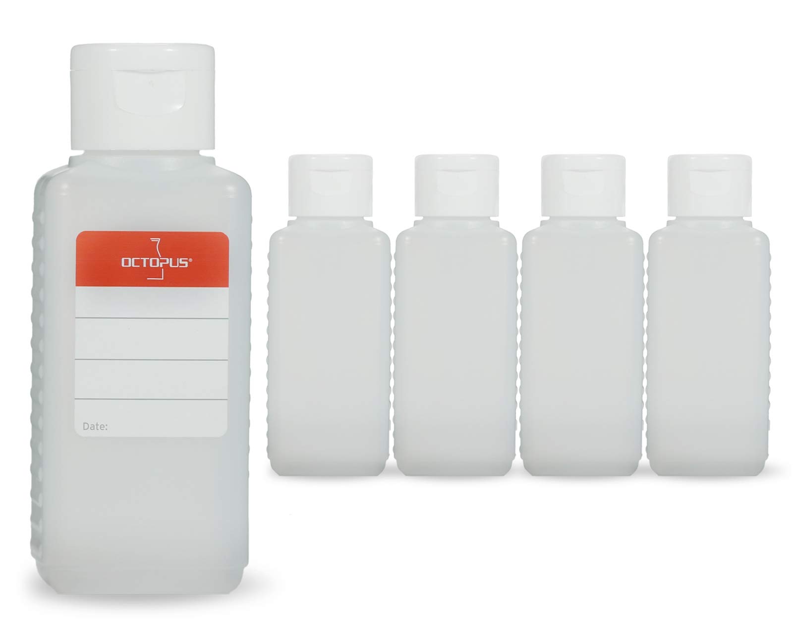 Octopus 5-Pack 100ml HDPE Plastic Square Bottles with White Flip-Top Cap, Food-Safe, Dishwasher-Safe, Odorless, Chemical-Resistant, Ideal for Food, Cosmetics, Liquids, Including 5 Labels