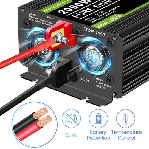 NOVOPAL 2000W Pure Sine Wave Power Inverter DC 24 V to AC 220 V with Intelligent LCD Display, 2 EU Socket with USB Output, 5 Metres Remote Control for Truck Camping Coffee Machine