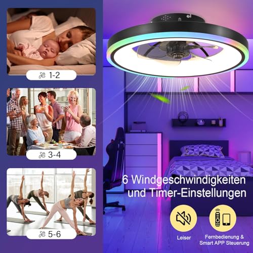 TYJY RGB Modern Silent Ceiling Fan with Light, 60 W Dimmable LED (3000 K-6500 K) RGB Ceiling Fans with Remote Control APP, Timer, 6 Speed, for Living Room, Bedroom, Black