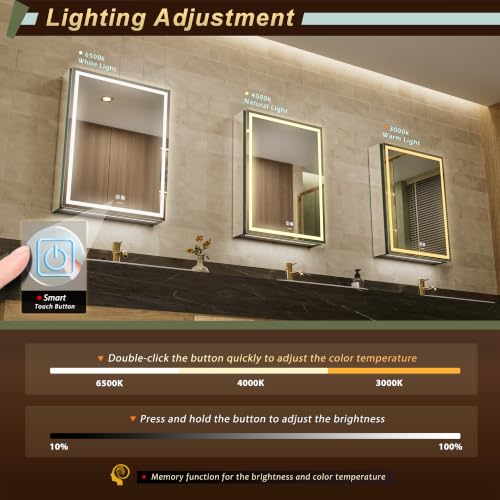 GANPE LED Illuminated Bathroom Mirror with Single Door, Deflog, Continuous Dimming, 3 Colour Memory, Storage Shelves, Sockets and USB (50 x 70 cm)