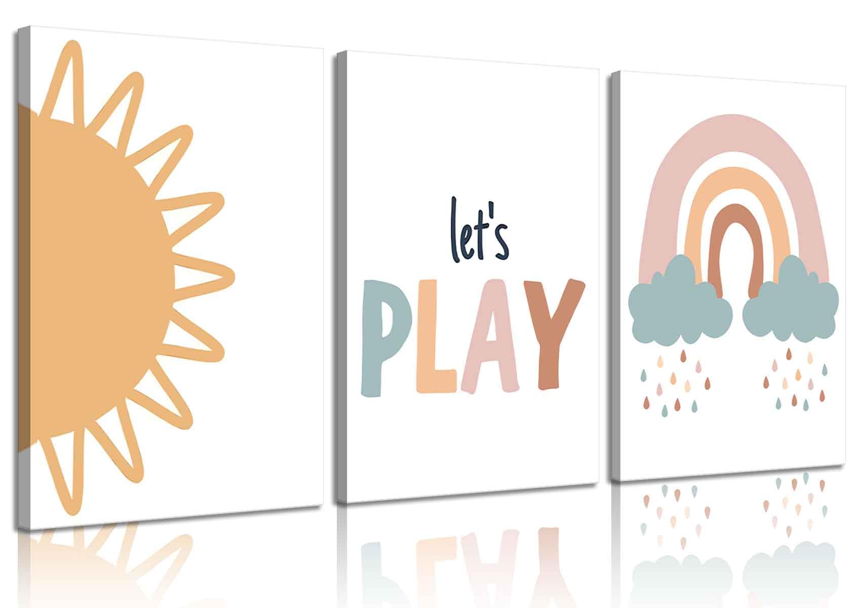 Photo 1 of 3Pcs Playroom Nursery Canvas Wall Art Boho Baby Girl Rainbow Wall Decor Pictures Kids Room Art Posters Prints for Toddler Boys Bedroom Decoration 16x24 Inch