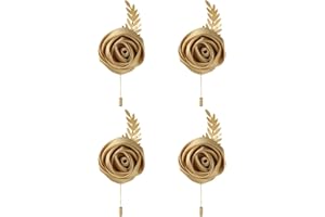 Faux Silk Rose Men Suit Boutonniere, Artificial Flower & Golden Leave Brooch Lapel Pin for Groom Groomsman Wedding Prom Dance