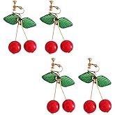 Cute Cherry Clip on Fruit Earrings for Women Red Cherry Ear Clips Dangle Drop Jewelry ﻿