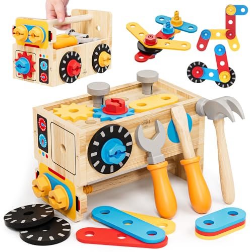 Lehoo Castle Wooden Tool Box for Children from 2 Years, Montessori Craft Toy, Workbench & Case 2-in-1, Fine Motor Skills Learning Toy for Boys and Girls 2-3 Years