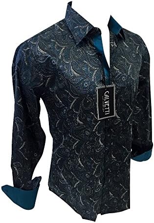 Men's Calvetti Paisley Woven Long Sleeve Button Down Dress Shirt Blue Green 307 (2XL)