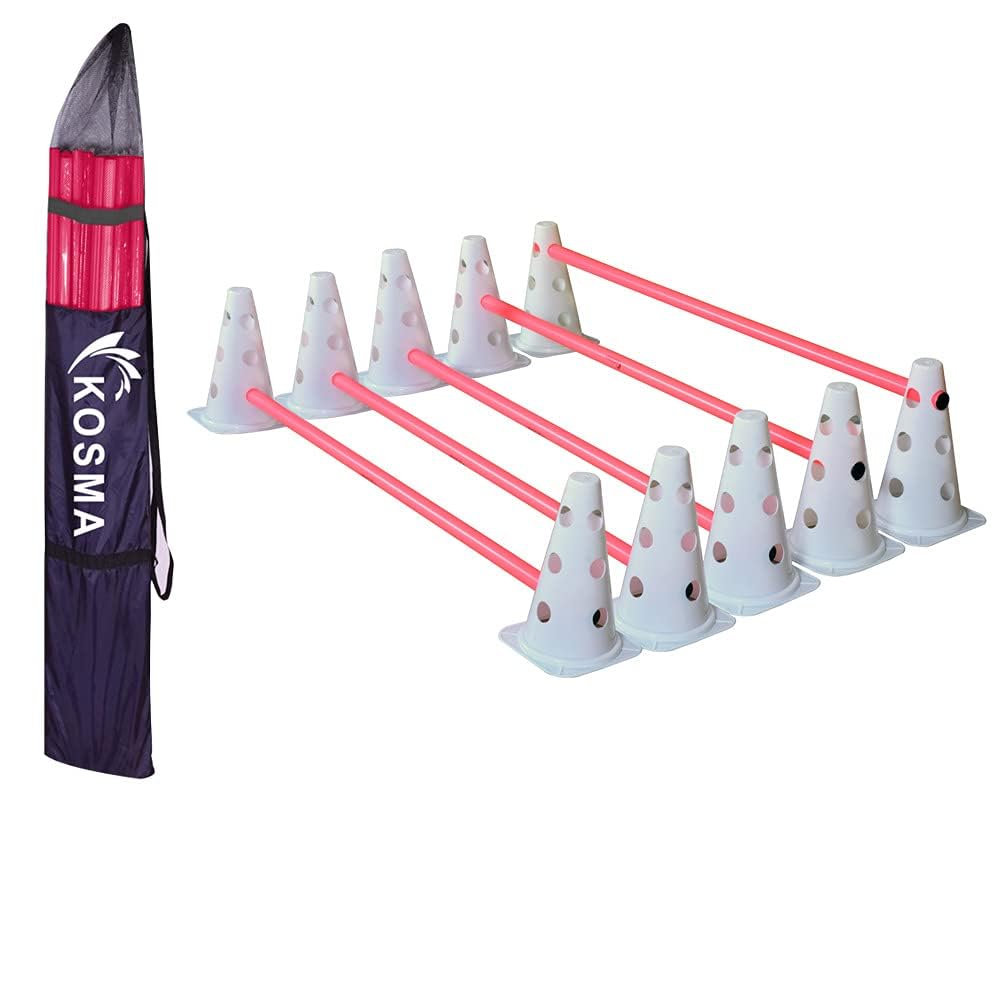 Kosma Pack of 15 Pc Multi-functional and Adjustable Agility Hurdle set | Dog Agility Training Set - 10 Durable White Cones 9 Inches with 12 holes & 5 Pink Poles - 40 Inches - In Carry Bag