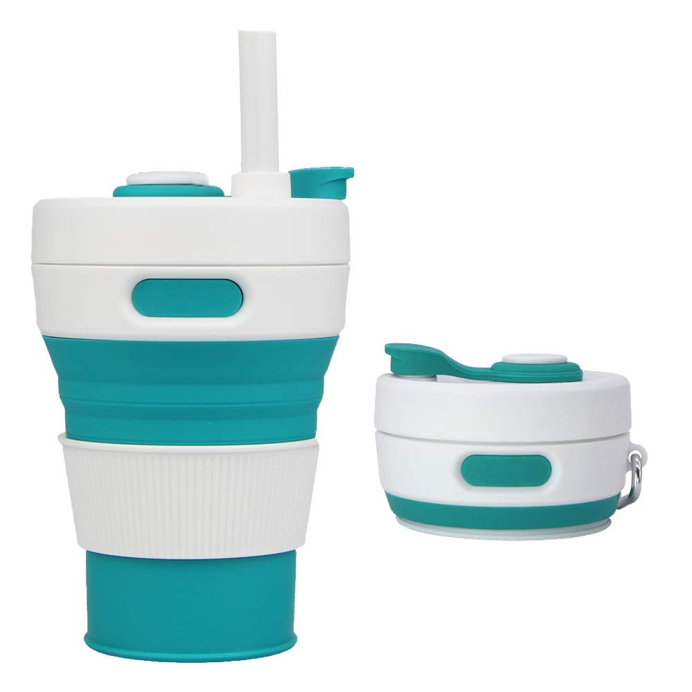 Irzaki Collapsible Camping Cup with Straw Silicone Folding Coffee Cup Sport Bottle Portable Travel Outdoor Car 450ml 16oz