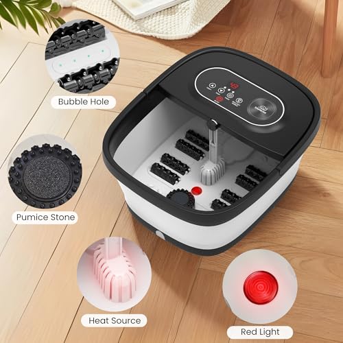 Snailax Folding Foot Bath with Massage and Heating, Shiatsu Wheeled Bubble Bath | 14 Heat Levels | Bubbles | Red Light | Timer, Electric Bathtub 35°C - 48°C, Foot Massager