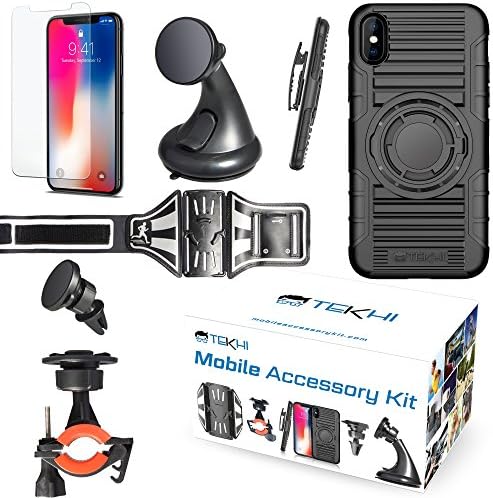 iPhone X Bundle Accessory Combo Set Kit - Includes: Silicone Protective Case + Bike Mount + Running Armband + Car Magnetic Air Vent Mount + Car Windshield Holder+ Screen Protector + Clip Holster