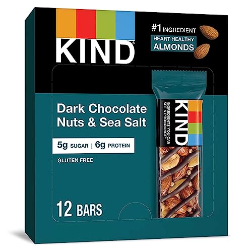 KIND NUT BARS, DARK CHOCOLATE NUTS AND SEA SALT, HEALTHY SNACKS, GLUTEN FREE, LOW SUGAR, 6G PROTEIN, 12 COUNT