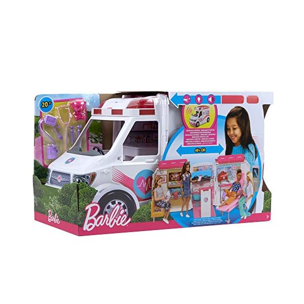 Barbie Krankenwagen, 2-in 1 inkl. aufklappbarem Krankenhaus-Spielset mit Licht und Geräuschen, 20x Barbie Zubehör wie Arztkoffer und Krücken, Spielzeug ab 3 Jahren, FRM19 – Bild 7