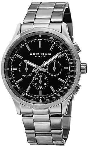 Akribos XXIV Men's AK788SSB Multifunction Swiss Quartz Movement Watch with Black Dial and Stainless Steel Bracelet