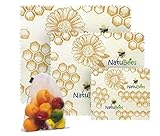 NatuBees Assorted 3 Pack Eco-Friendly & Reusable Food Beeswax Wraps Organic Cotton | Washable & BPA-Free | Extra Mesh Reusable Produce Bag