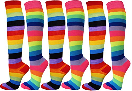 Couver Premium Quantity Cotton Knee High Referee Socks 6 Assorted Pack (Youth Medium, Neon Rainbow & Rainbow)