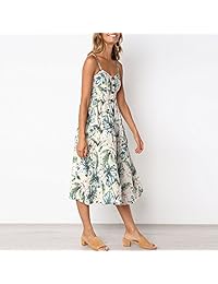 CHICFOR Vestido largo sin mangas con tirantes de espagueti para mujer, vestido largo de verano, bohemio, floral, hasta la rodilla, botón hacia abajo, vestido de columpio