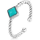 Qings Turquoise Ring Adjustable Open - Sterling Silver Stackable Statement Ring Blue Square Gemstone Twisted Rope Ring Vintage Boho Women Fashion Ring Western Wedding Jewelry Gifts