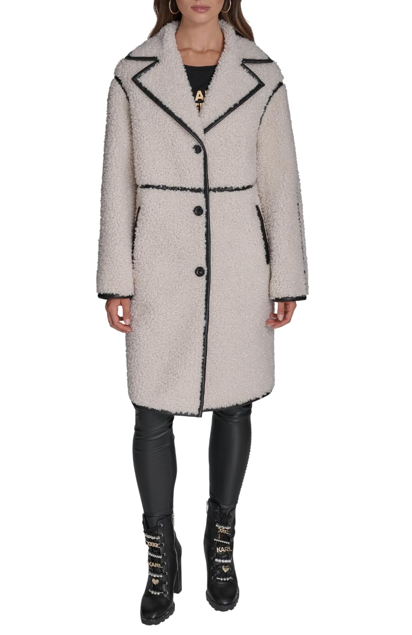 KARL LAGERFELD Paris Women’s Long Faux Shearling Jacket Ivory, Small