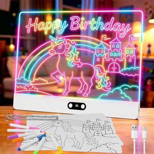 Rechargeable LED Drawing Board for Children with RGB Lights, Large Acrylic Light Mat 35 x 26 cm, 8 Static Colours & 3 Dynamic Modes, Hidden Support for Tracing and Art, White